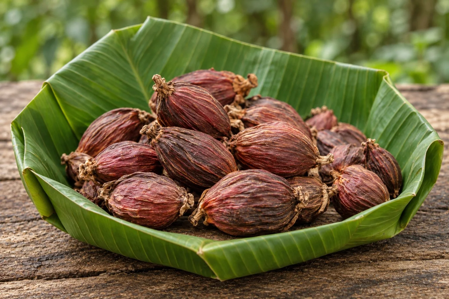 Red-brown cardamom pods in a folded green leaf bowl