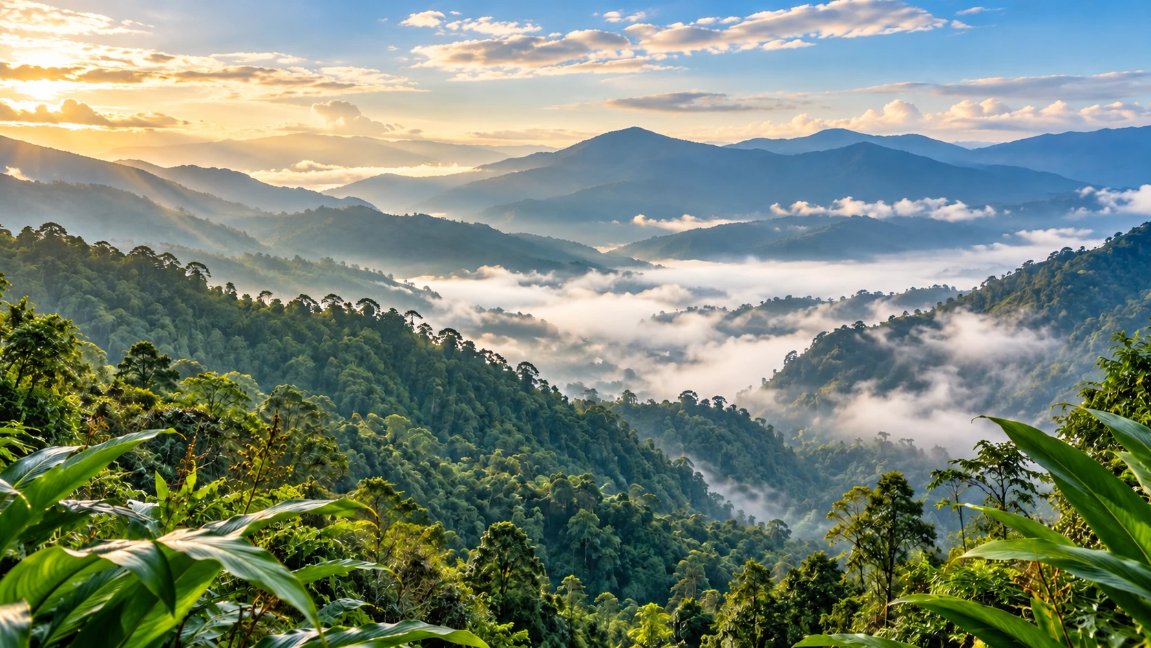 Sunlit mountain ridges, misty valleys, and green foliage
